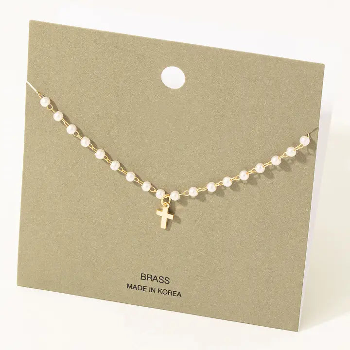 CROSS PENDANT PEARL BEADED CHAIN