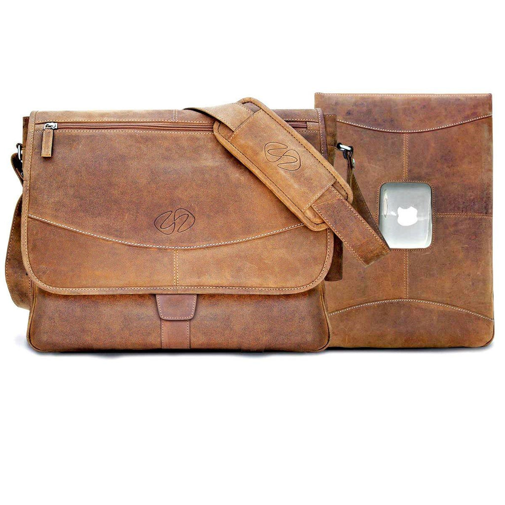 Open view of the leather messenger bag for the MacBook Pro