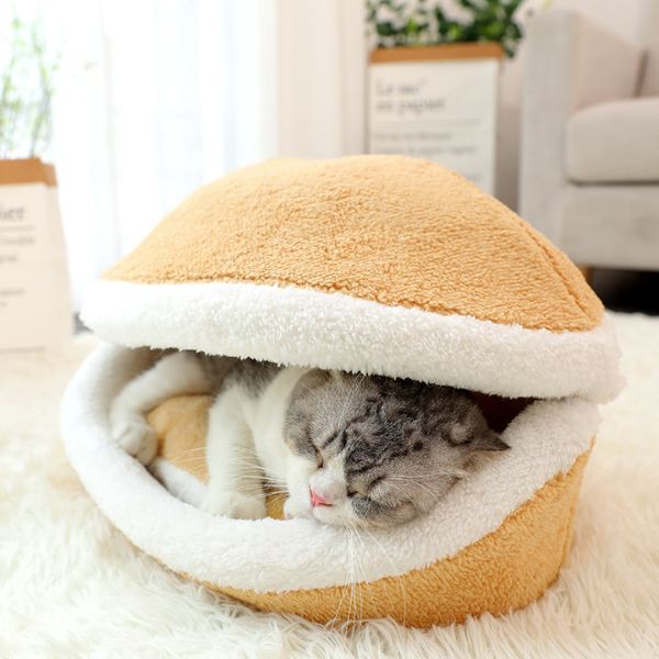 Sac de couchage pour chat en peluche en forme de hamburger