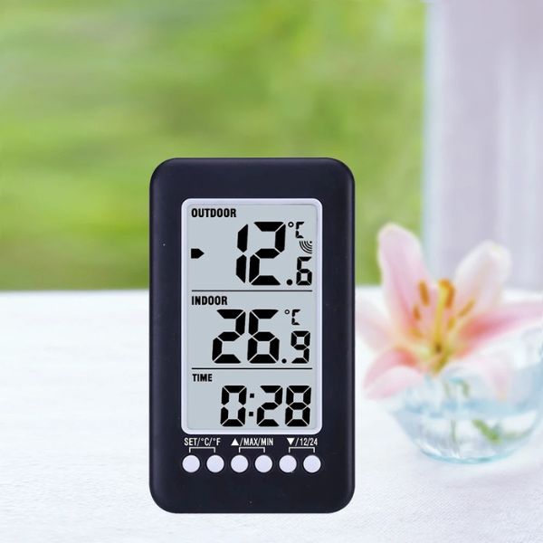 Thermomètre digital noir intérieur/extérieur - sans fil - avec horloge