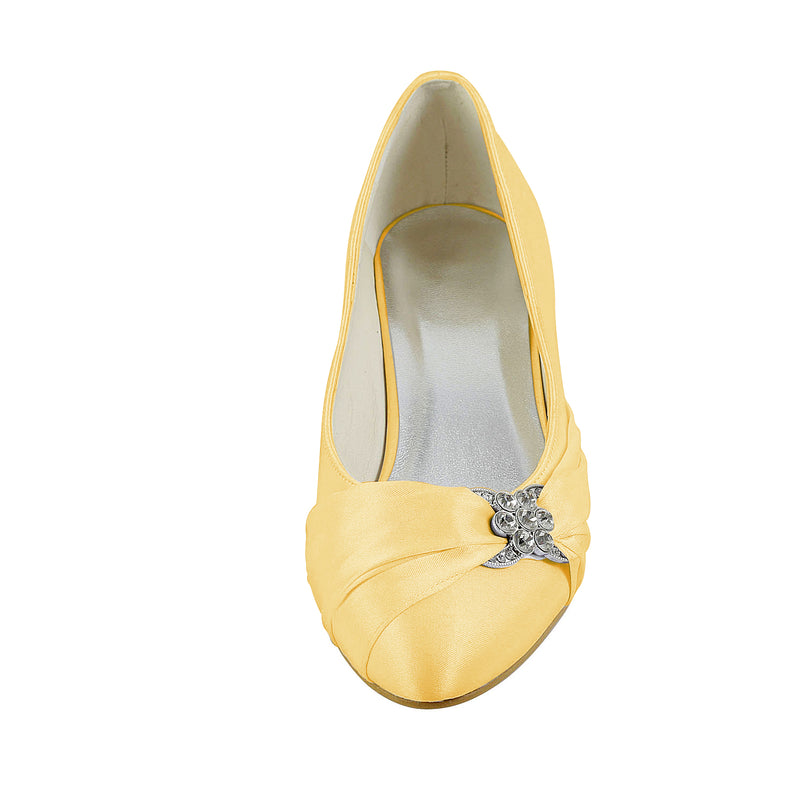 Chaussures de Noce féministes Orteil Fermé 1.8‘’ Cristal de Pompes de Satin de Confort de Talon Bas Chaussures de Mariage - florybridal
