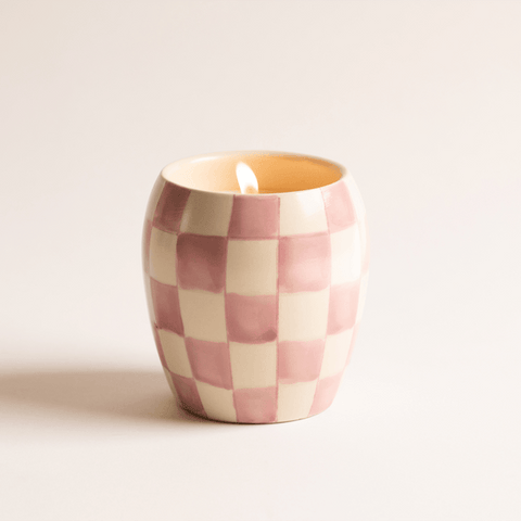 Checkmate Lavender Mimosa Candle with a reusable vessel