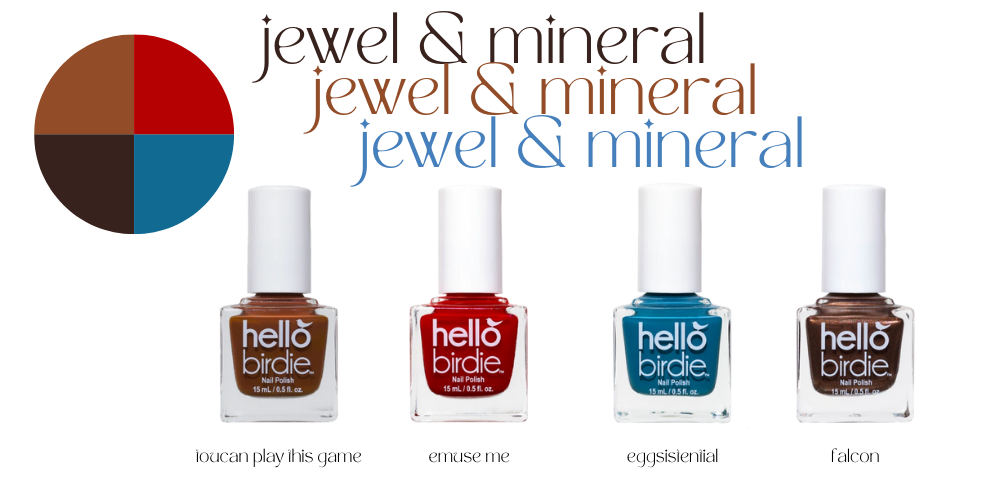 Row of four Hello Birdie polishes accompanied by echoing text and a color wheel matching the polish shades of caramel brown, true red, turquoise teal, and metallic brown