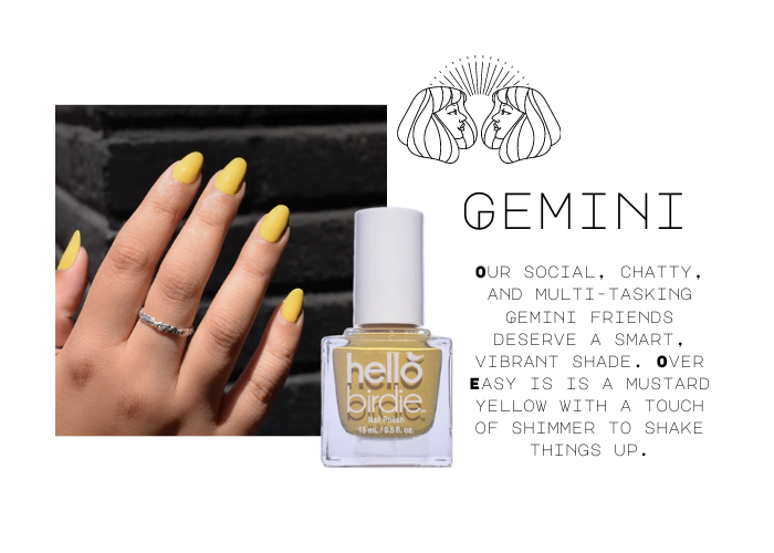 A hand modeling Hello Birdie classic polish in Over Easy against a background. Paired with Gemini zodiac sign. Caption reads: Our social, chatty, and multi-tasking Gemini friends deserve a smart, vibrant shade. Over Easy is is a mustard yellow with a touch of shimmer to shake things up.