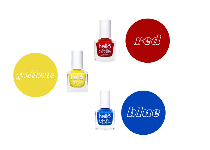 Primary color wheel using Hello Birdie classic polishes in Talonted, red, Early Bird, yellow, and Mile High blue