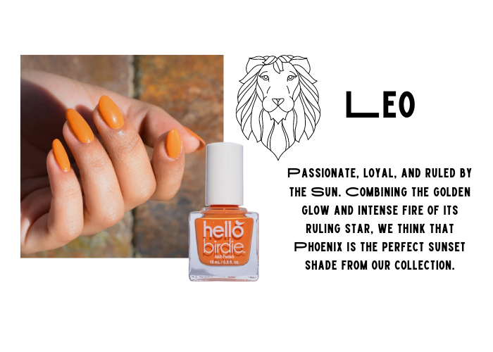 Hand modeling Hello Birdie classic pastel apricot polish in Phoenix. Paired with Leo zodiac.Passionate, loyal, and ruled by the Sun. Combining the golden glow and intense fire of its ruling star, we think that Phoenix is the perfect sunset shade from our collection.