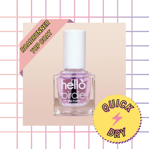 A square glass bottle with a white lid, filled with a light violet clear polish top coat, set against a square grid peach gradient background with a banner in the upper left reading "Roadrunner top coat" and a yellow and violet starburst sticker in the lower right corner with offset outlined text circling a pink lightning bolt "quick dry" 