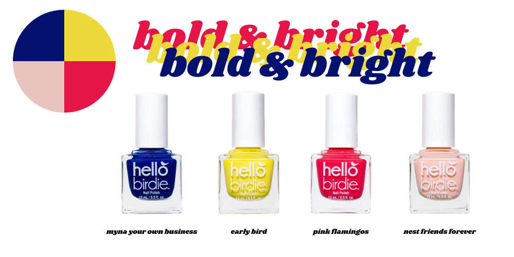Row of four Hello Birdie polish bottles with echoed text and a color wheel matching the Greek blue, primary yellow, charged up pink, and pale rose petal colors.