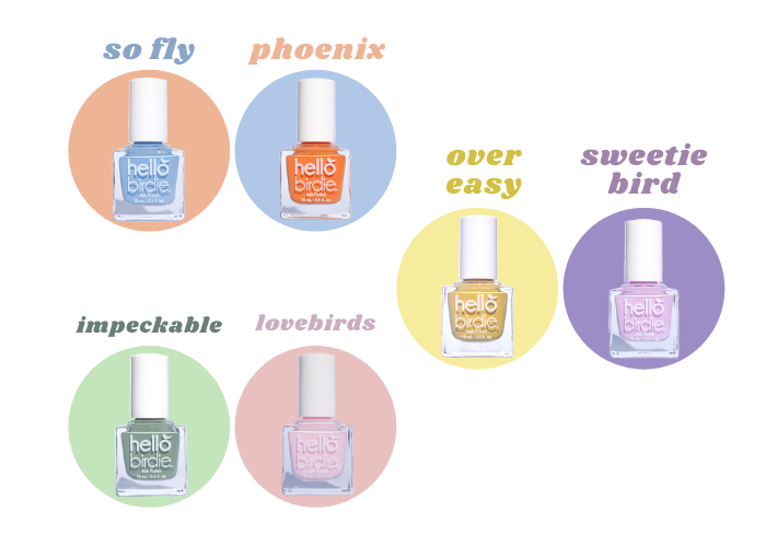 Hello Birdie pastel toned complementary color pairs in So Fly and Phoenix for blue and orange, Over Easy and Sweetie Bird for yellow and purple, and Impeckable and Lovebirds for red and green.