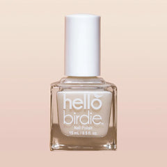 Hello Birdie Argan oil infused base coat in a square glass bottle with a white lid, against a peach-pink ombre background