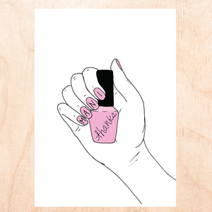 white background with cartoon drawing of hand with pink nails holding a pink bottle of nail polish that reads, "Mani" with a letter on each nail and "thanks" on the polish bottle.