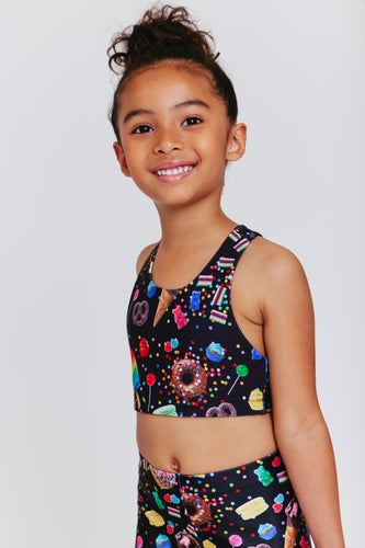 Kids Sports Bra in Black Rainbow Nail Polish –