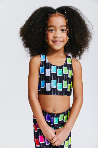 Kids Sports Bra in Black Candy Spill –