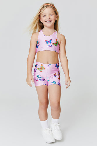 Girls Booty Shorts in Pink Neon Butterflies –