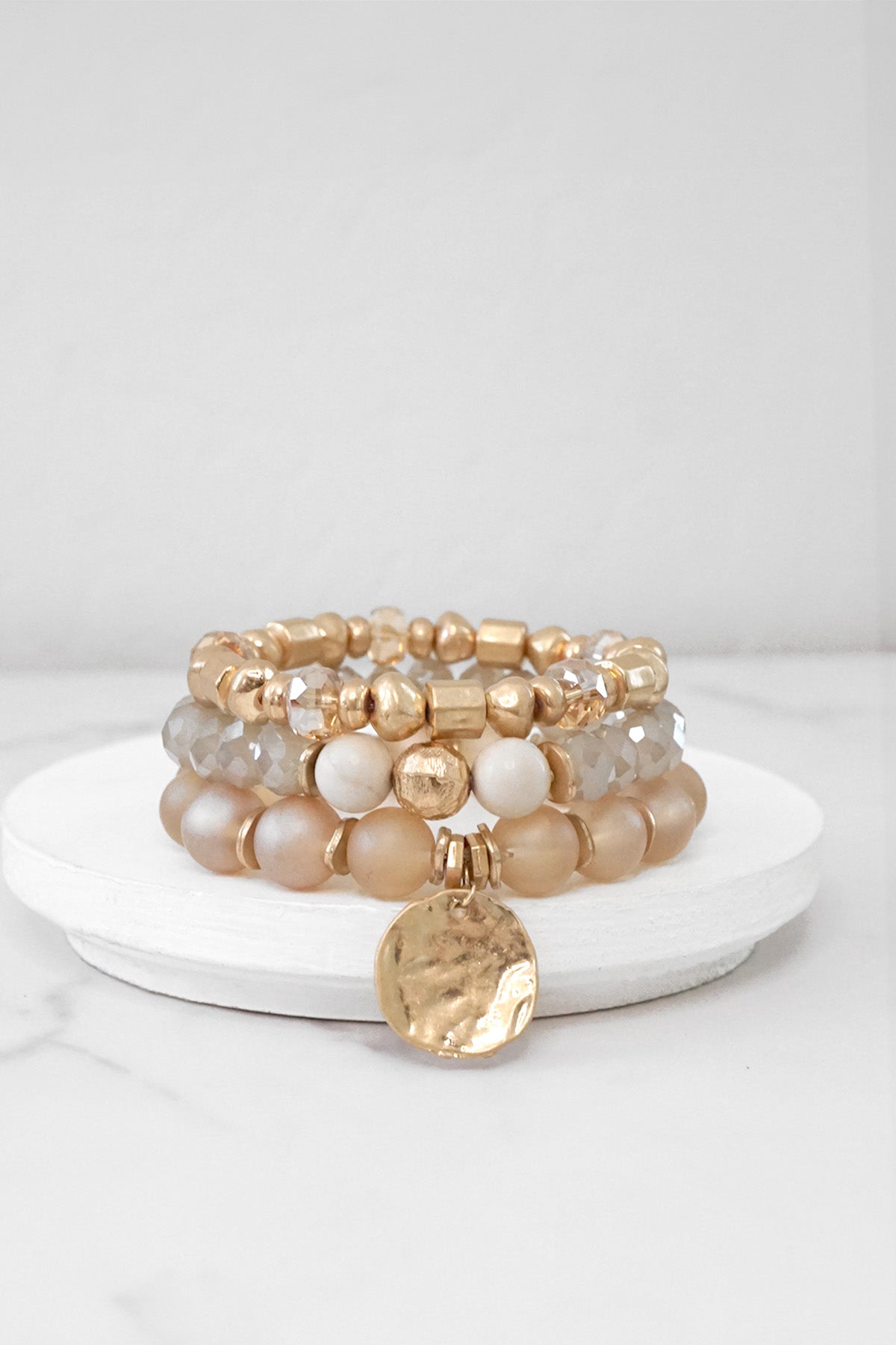 Boho Beads Coin Bracelets Statement set in Peach pink