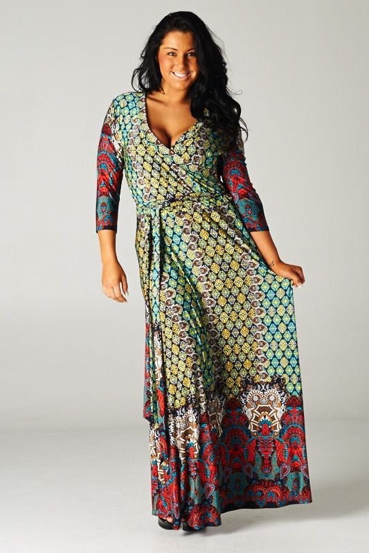 Bohemian Shifting Wrap Maxi Dress Moroccan Quatrefoil Print PennyLuna Boutique