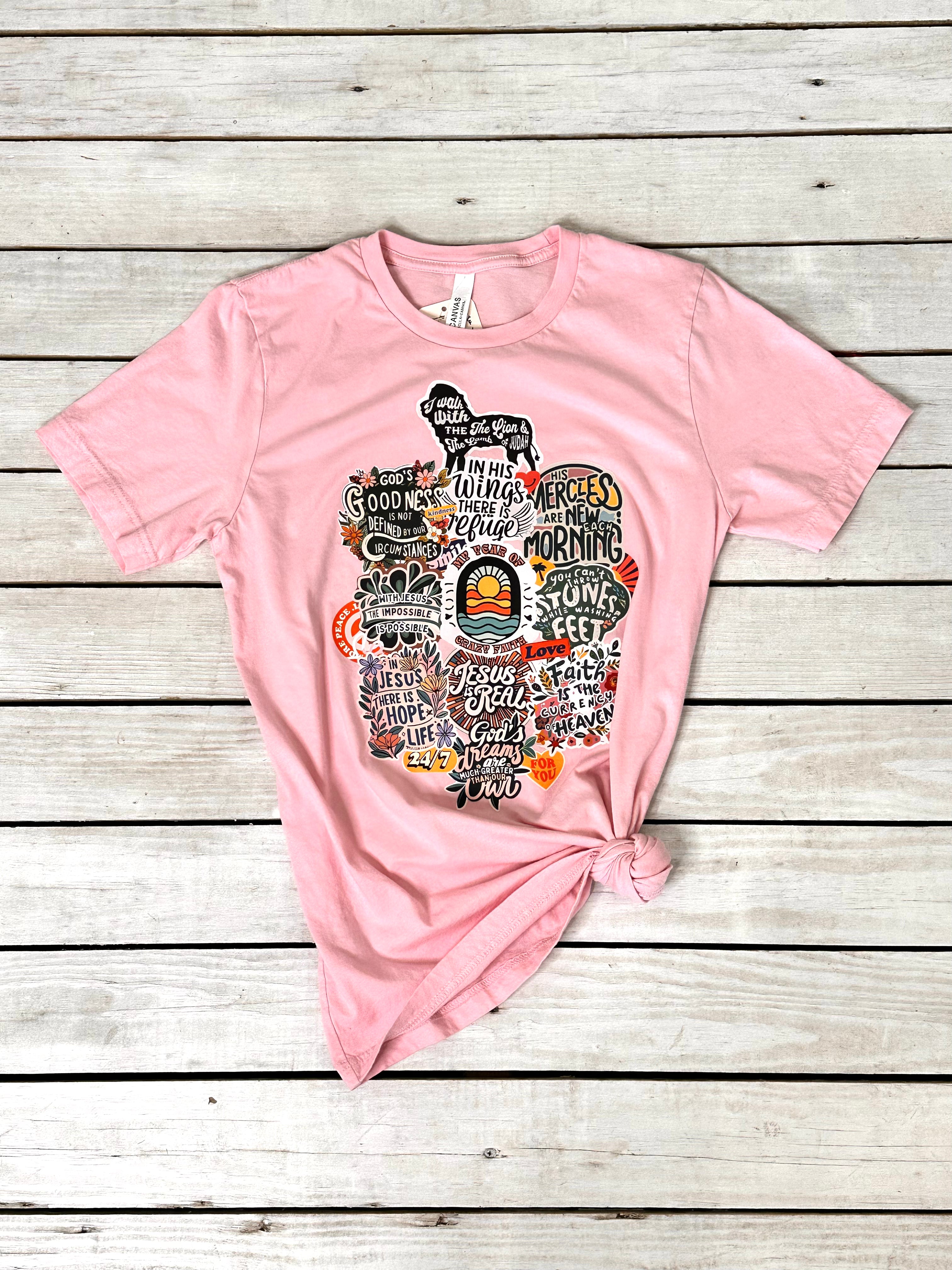 Christian Sticker Tee- Pink Bella Canvas Tee