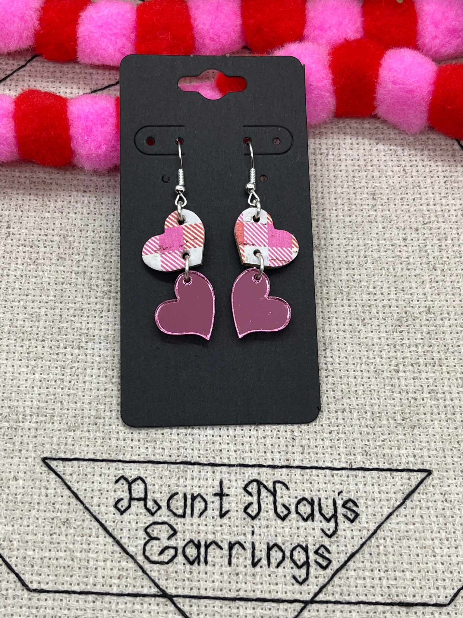 Double Heart Stacked Earrings in Pink Mirror and Red-Pink-White Plaid Cork