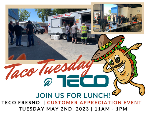 Cartoon Taco dabbing with images of friends mingling at a taco truck inside the TECO Technology facility