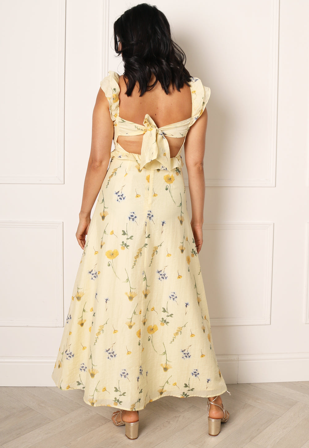 MODA Adeline Backless Floral Frill Detail Midi Dress in Lemon Yellow | One Clothing VERO MODA Backless Floral Frill Detail Midi in Lemon Yel