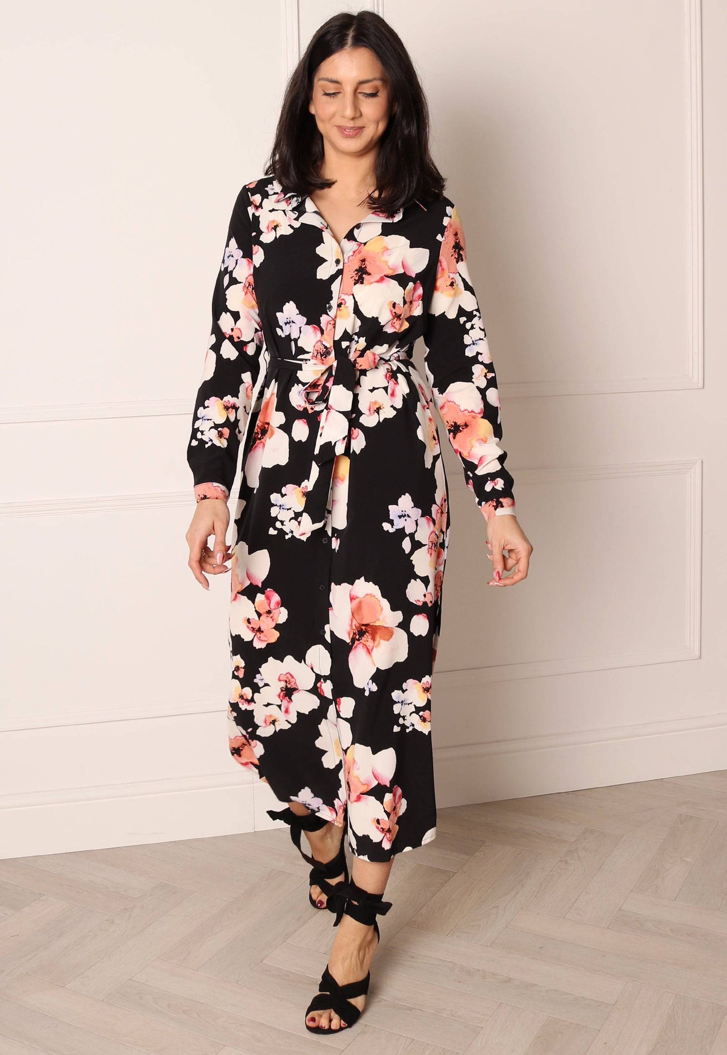 VERO MODA Sadie Floral Print Midi Shirt Dress in Black & Pink - One Nation Clothing