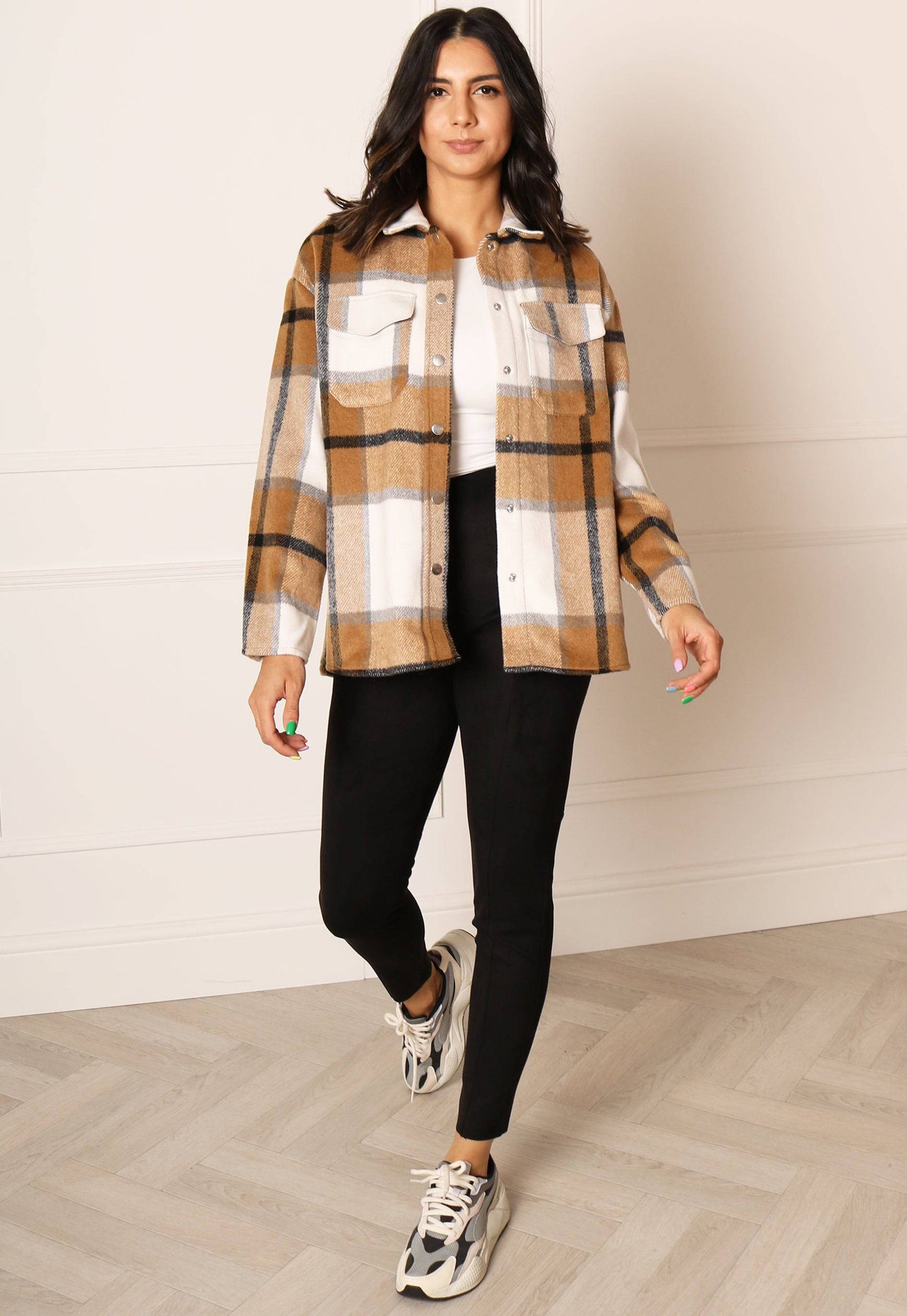 ONLY Maci Oversized Brushed Check Shacket with Curve Hem in Brown & White - concretebartops