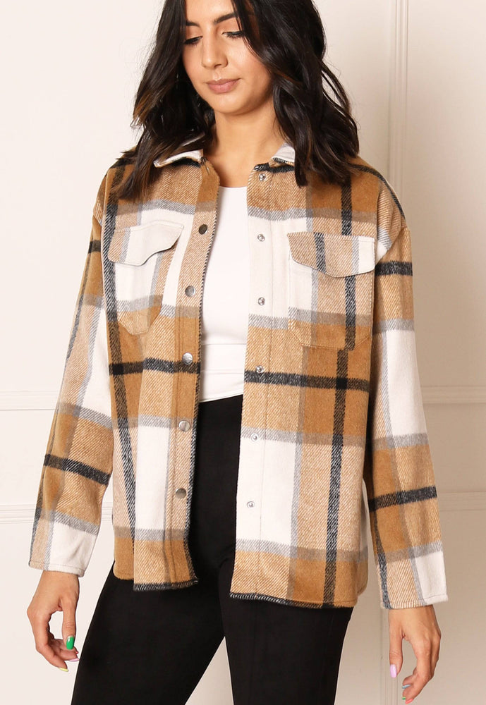 ONLY Maci Oversized Brushed Check Shacket with Curve Hem in Brown & White - concretebartops