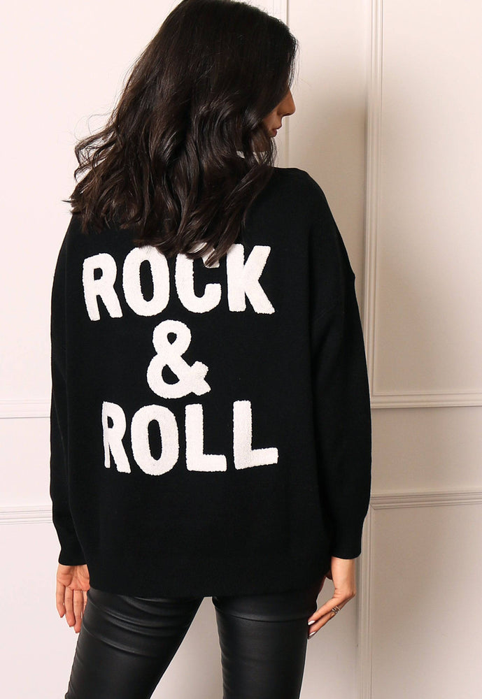 Rock & Roll Slogan Oversized Soft Knit Jumper in Black - One Nation Clothing