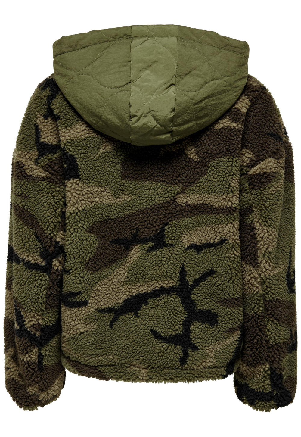 ONLY Vilma Short Print Teddy Fleece Jacket with Hood in Khaki Tones | One Nation Clothing ONLY Short Camo Print Teddy Fleece Jacket with in Khaki Ton