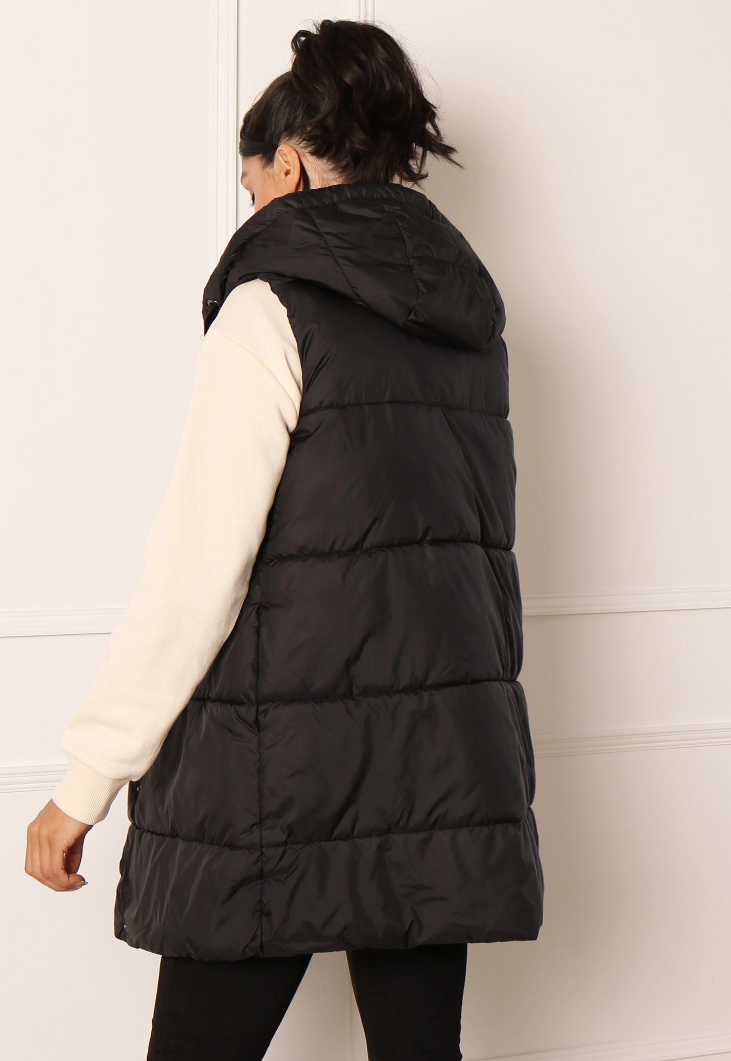 ONLY Asta Longline Sleeveless Puffer Gilet with Hood in Black - concretebartops