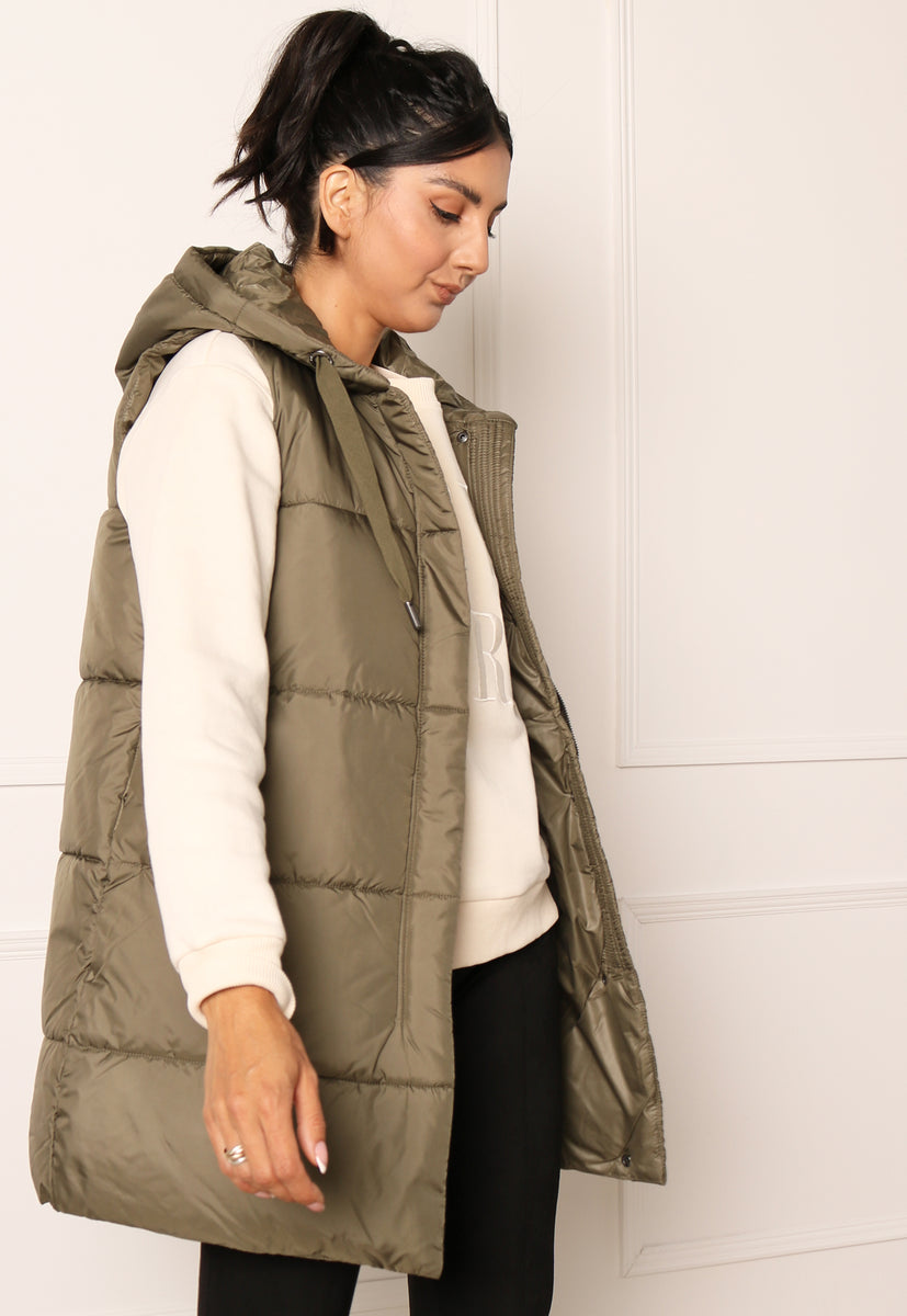 ONLY Asta Longline Sleeveless Puffer Gilet with Hood in Khaki | One ...