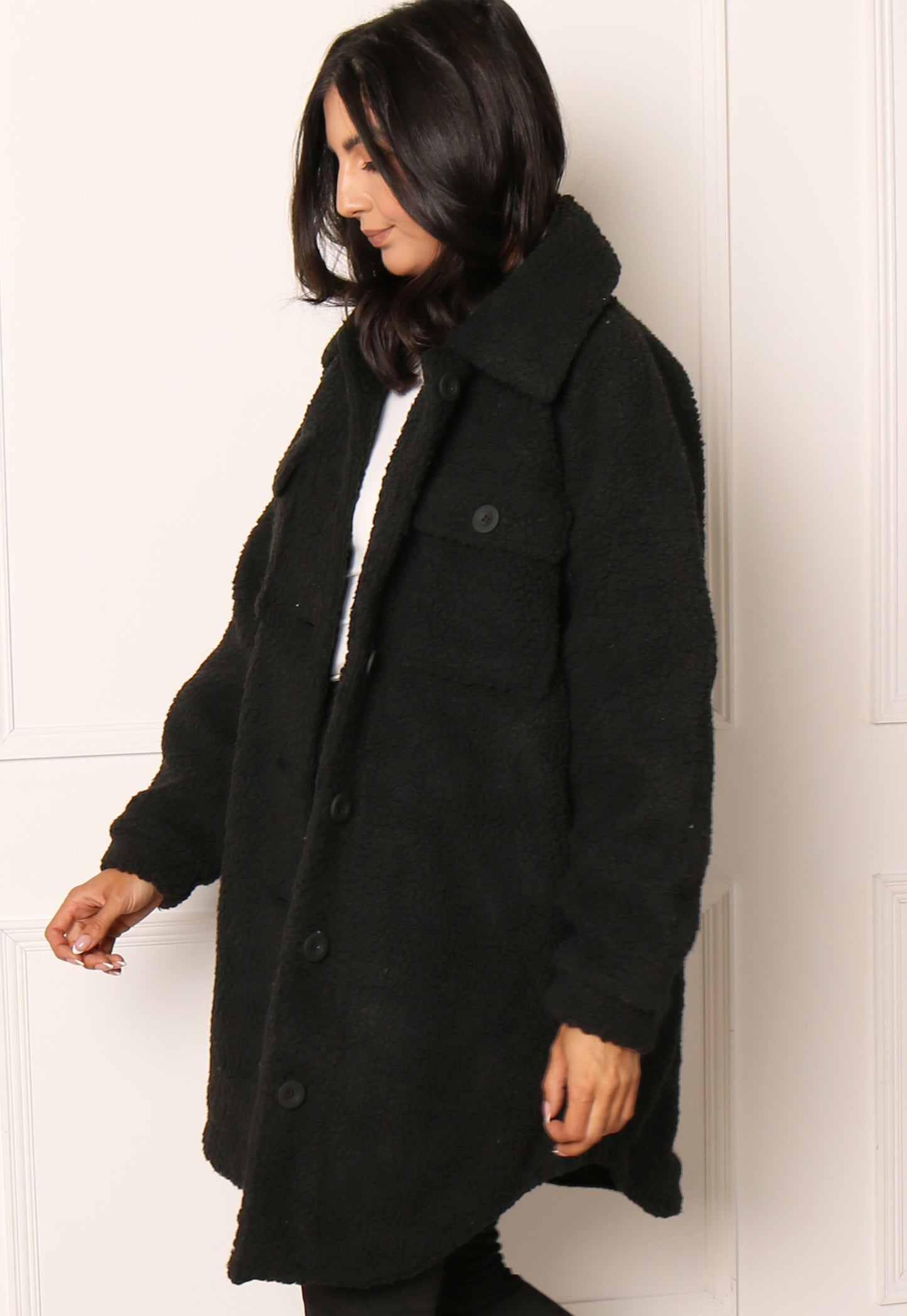 ONLY Camilla Oversized Borg Teddy Trucker Long Shacket in Black - concretebartops