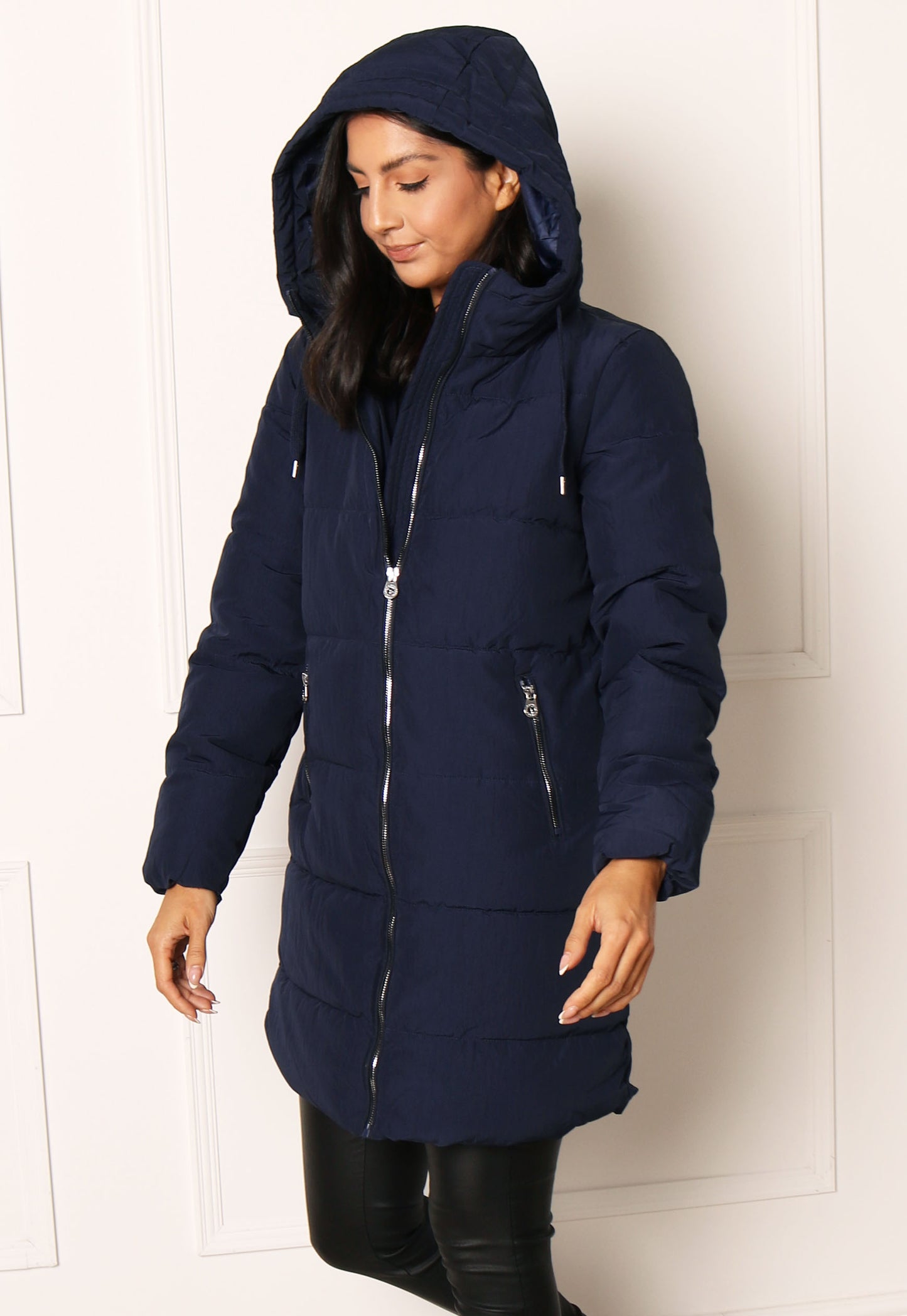 ONLY Dolly Hooded Quilted Padded Midi Puffer Coat in Navy Blue | One ...