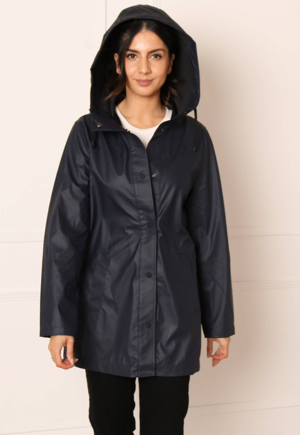 ONLY Ellen Rubberised Matte Hooded Raincoat Mac in Navy Blue | One ...