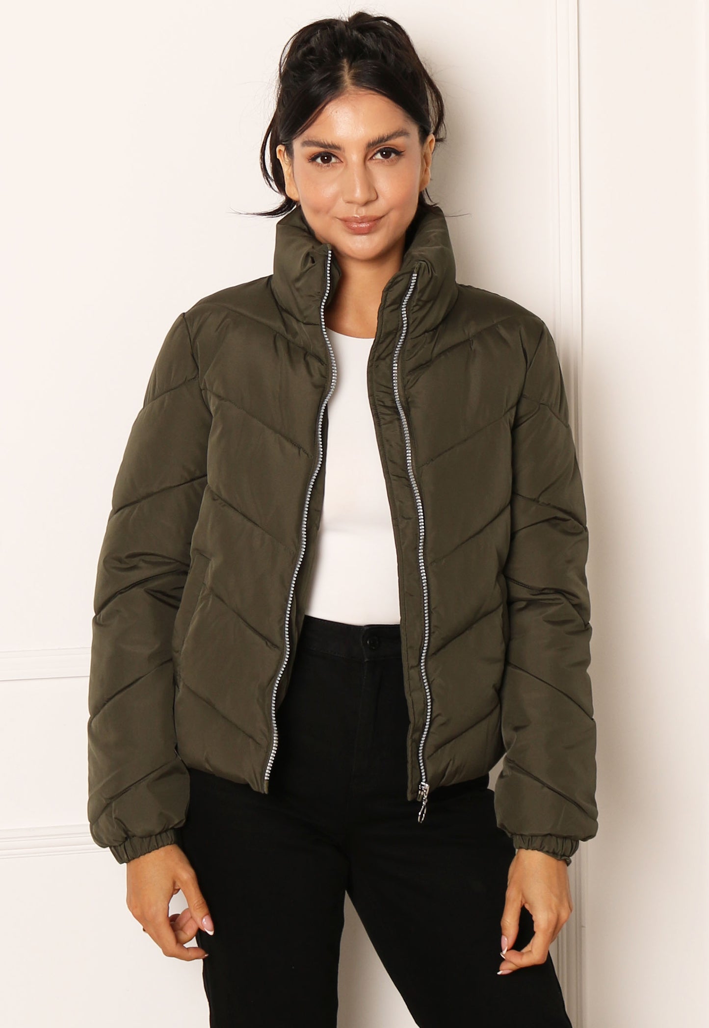 JDY Ulrikka Water Repellent Quilted Long Hooded Puffer Coat in Khaki  One  Nation Clothing JDY Water proof Repellent Quilted Long Hooded Puffer Coat  Khaki 15217556