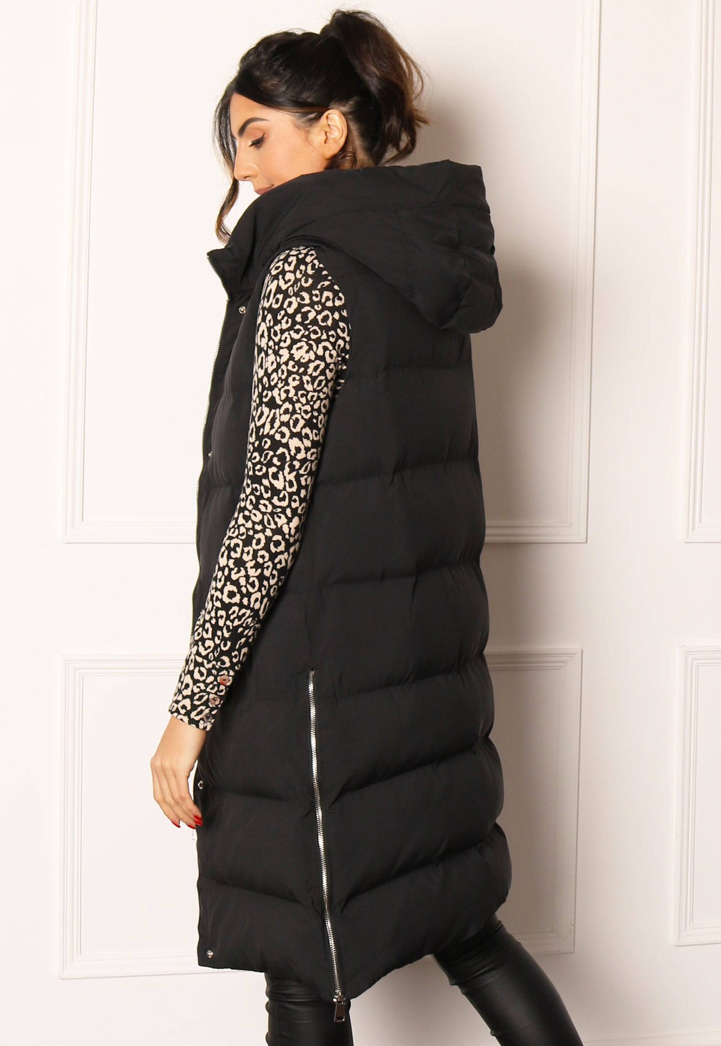 Midi Longline Padded Puffer Sleeveless Gilet with Hood in Black | One ...