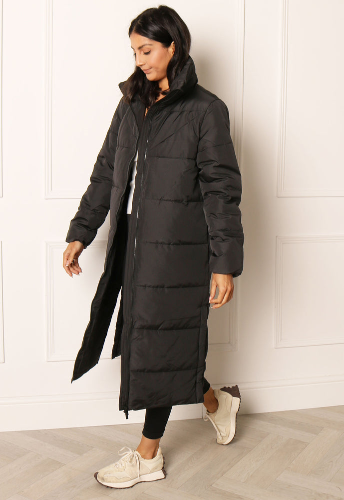 VILA Nilly Longline Midi Padded Puffer Coat with Funnel Neck in Black - concretebartops