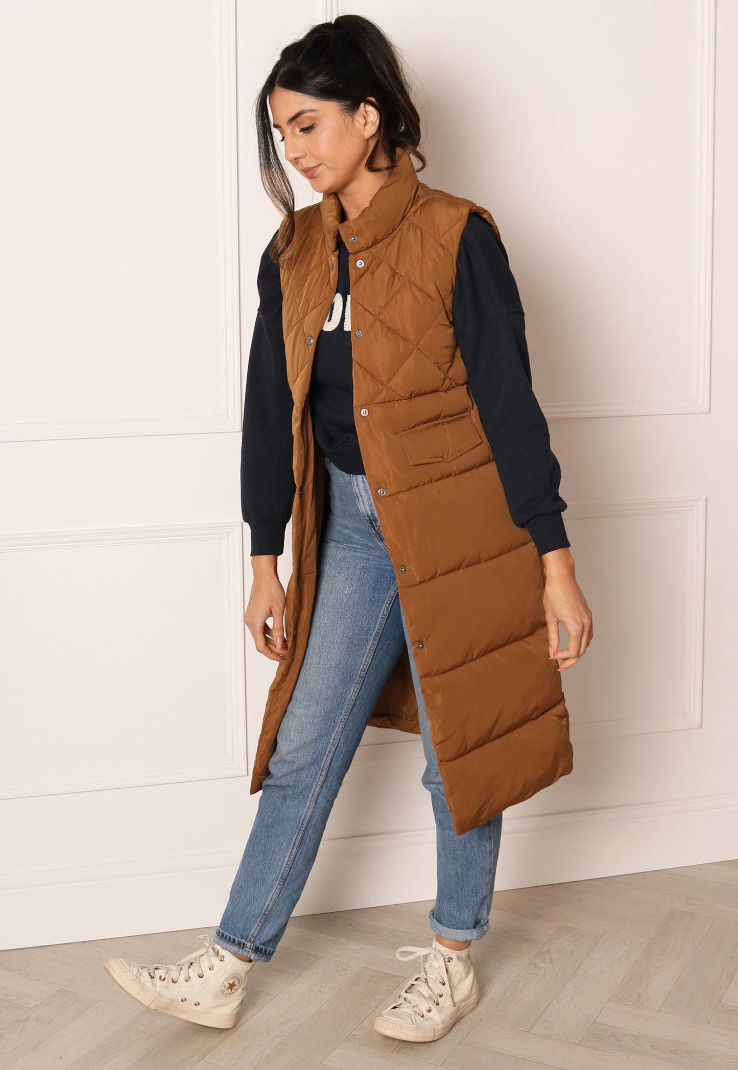 ONLY Stacy High Neck Diamond Quilted Padded Longline Midi Gilet in Toasted Coconut - concretebartops