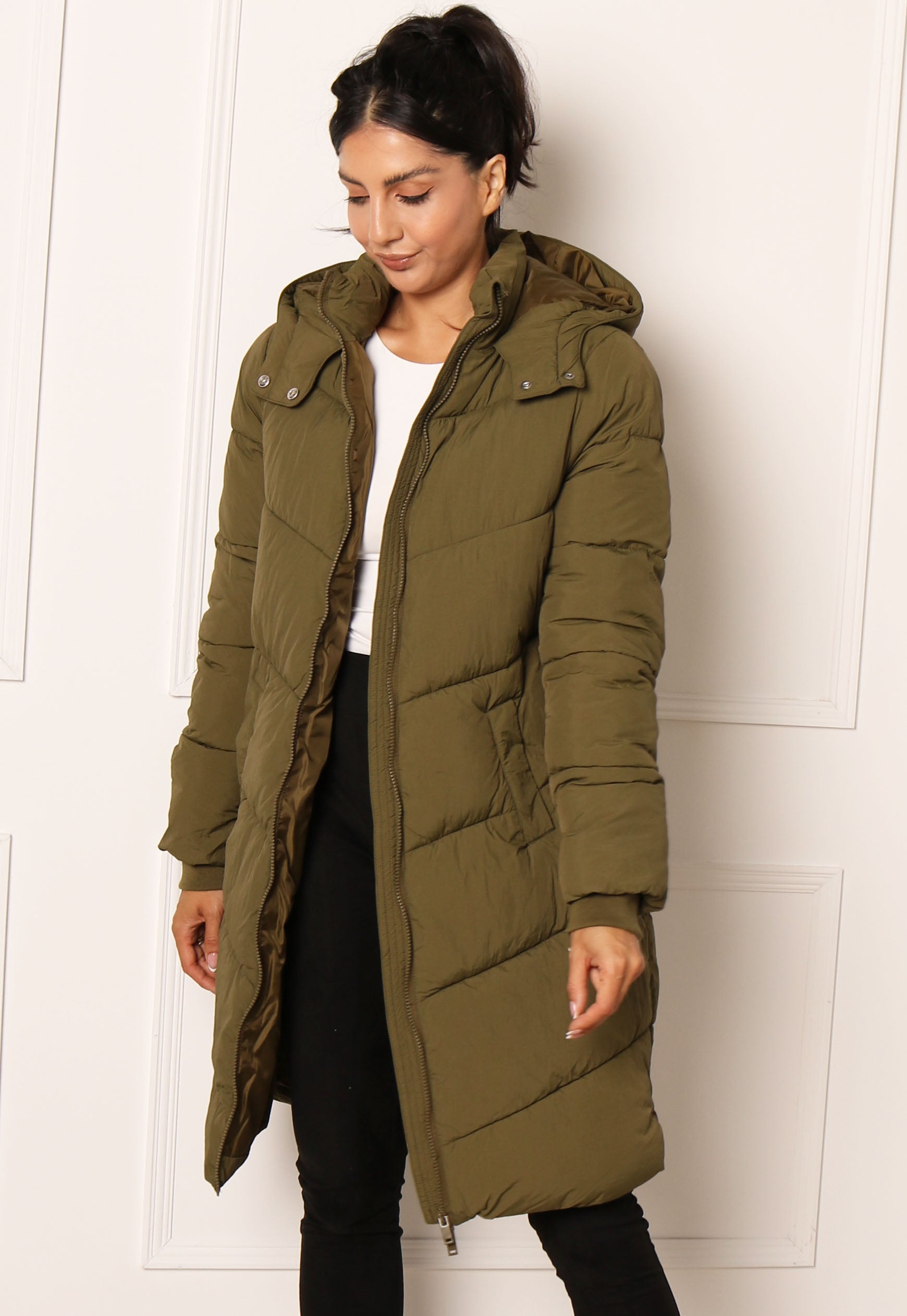 Tall 4 Pocket Longline Hooded Puffer Jacket in Khaki