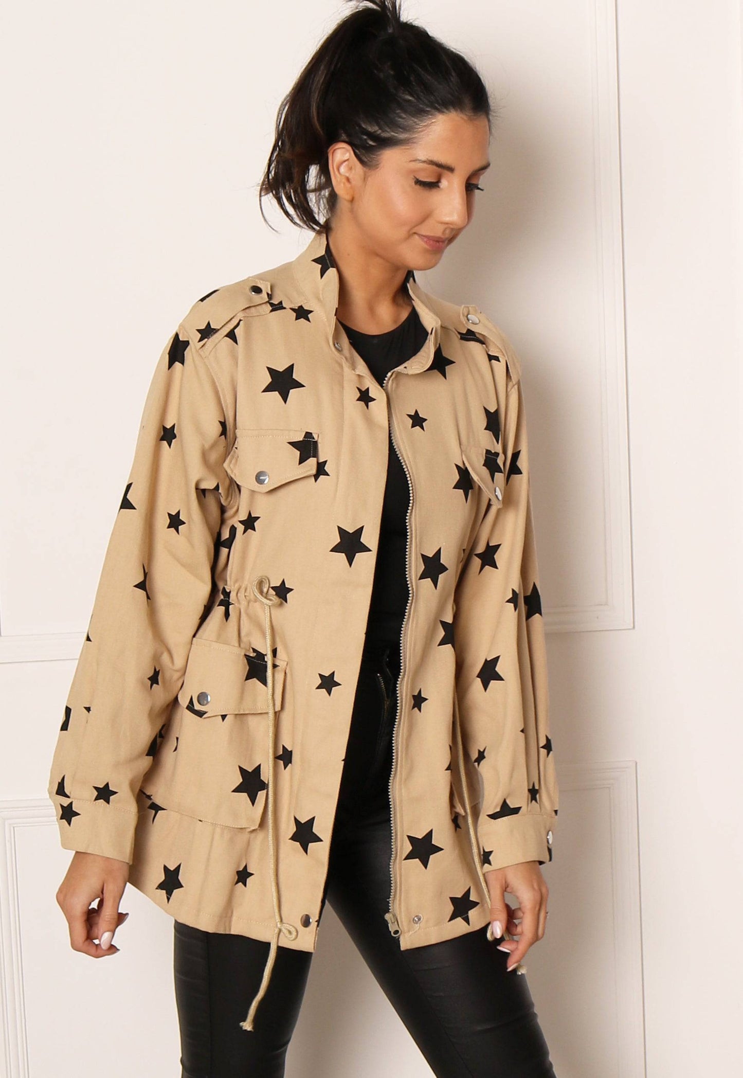 Star Print Utility Jacket with Toggle Waist in Beige - concretebartops