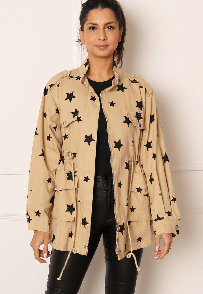 Star Print Utility Jacket with Toggle Waist in Beige - concretebartops
