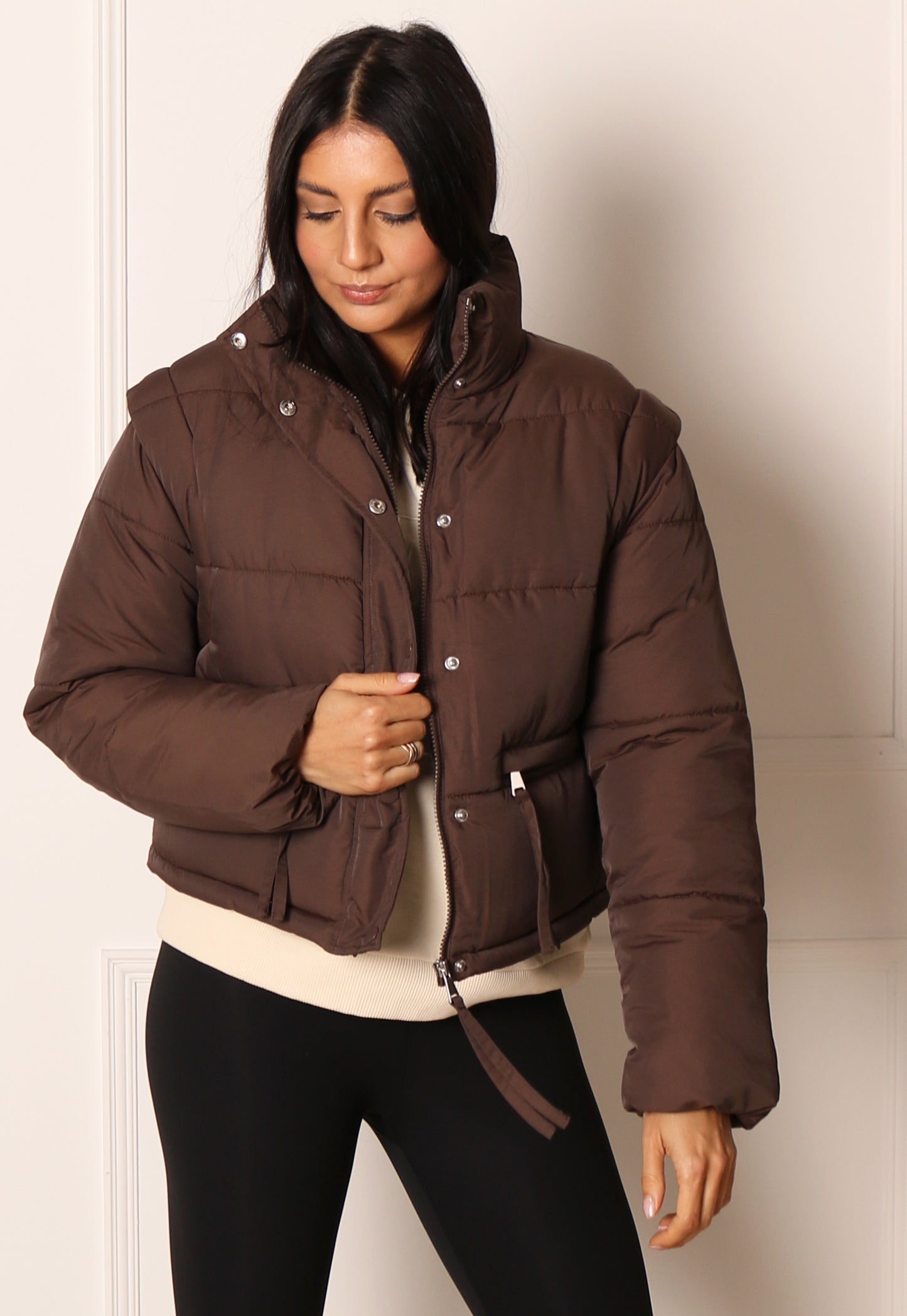 JDY Milo 2 in 1 Cropped Puffer Jacket & Gilet with Funnel Neck in Chocolate Brown - concretebartops