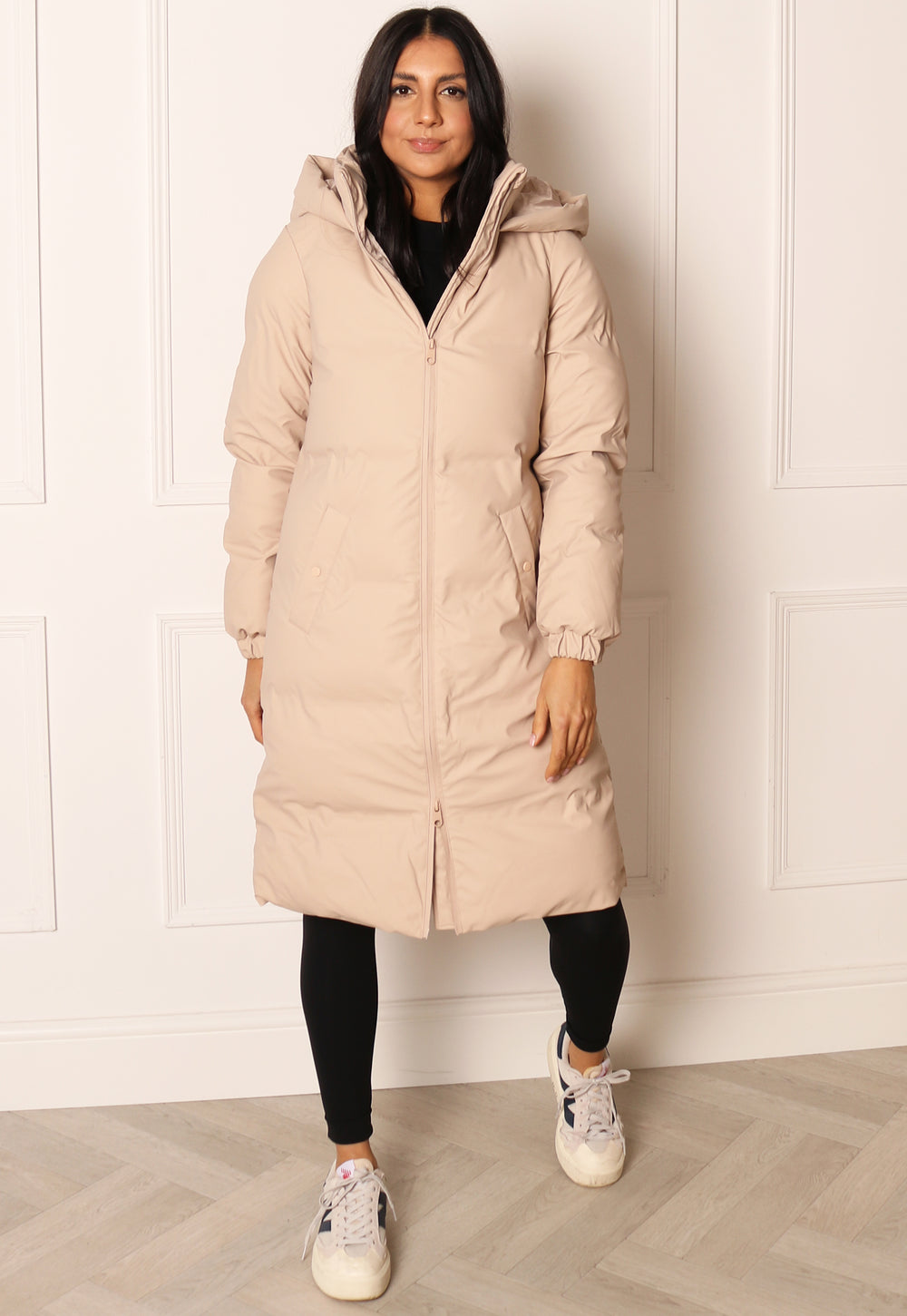 VERO MODA Long Noe Water Repellent Quilted Hooded Midi Puffer Coat in Soft Beige | One Clothing VERO Long Noe Water Repellent Quilted Hooded Puffer in