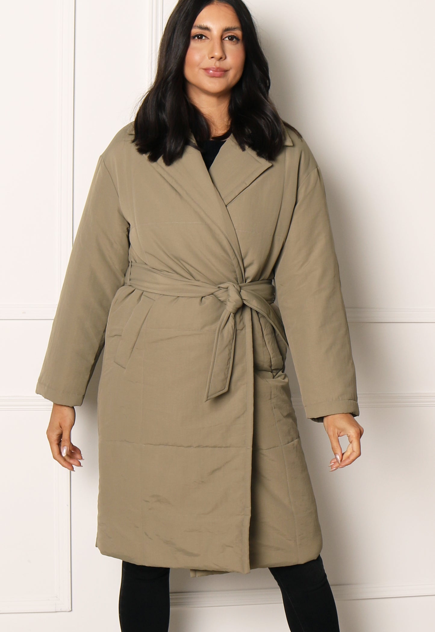VILA Nilly Longline Midi Padded Puffer Coat with Funnel Neck in Tan  One  Nation Clothing VILA Nilly Longline Midi Padded Puffer Coat with Funnel  Neck in Tan