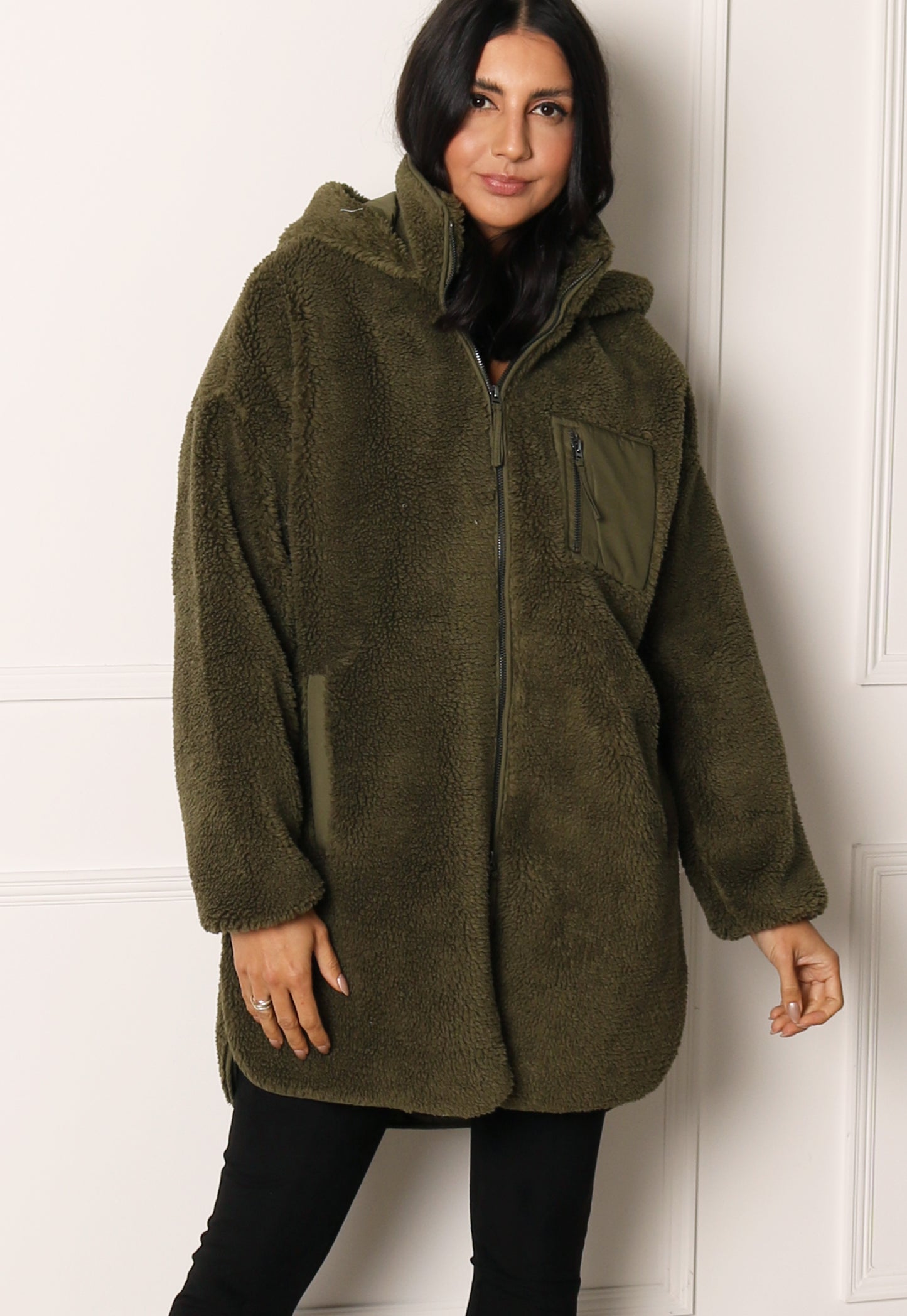 ONLY Sascha Teddy Fleece Jacket in Khaki Green - concretebartops