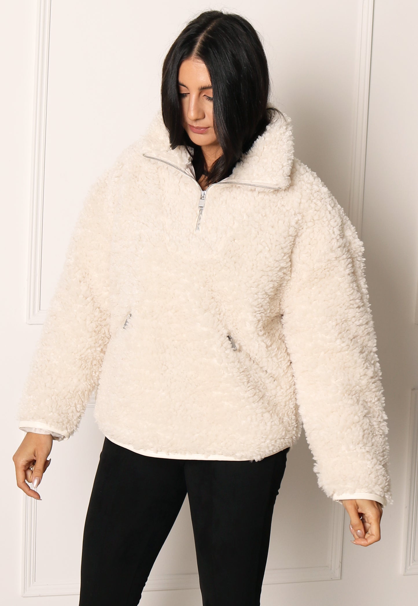 ONLY Ellie Sherpa Teddy Fleece Pullover with Zip Top in Cream - concretebartops