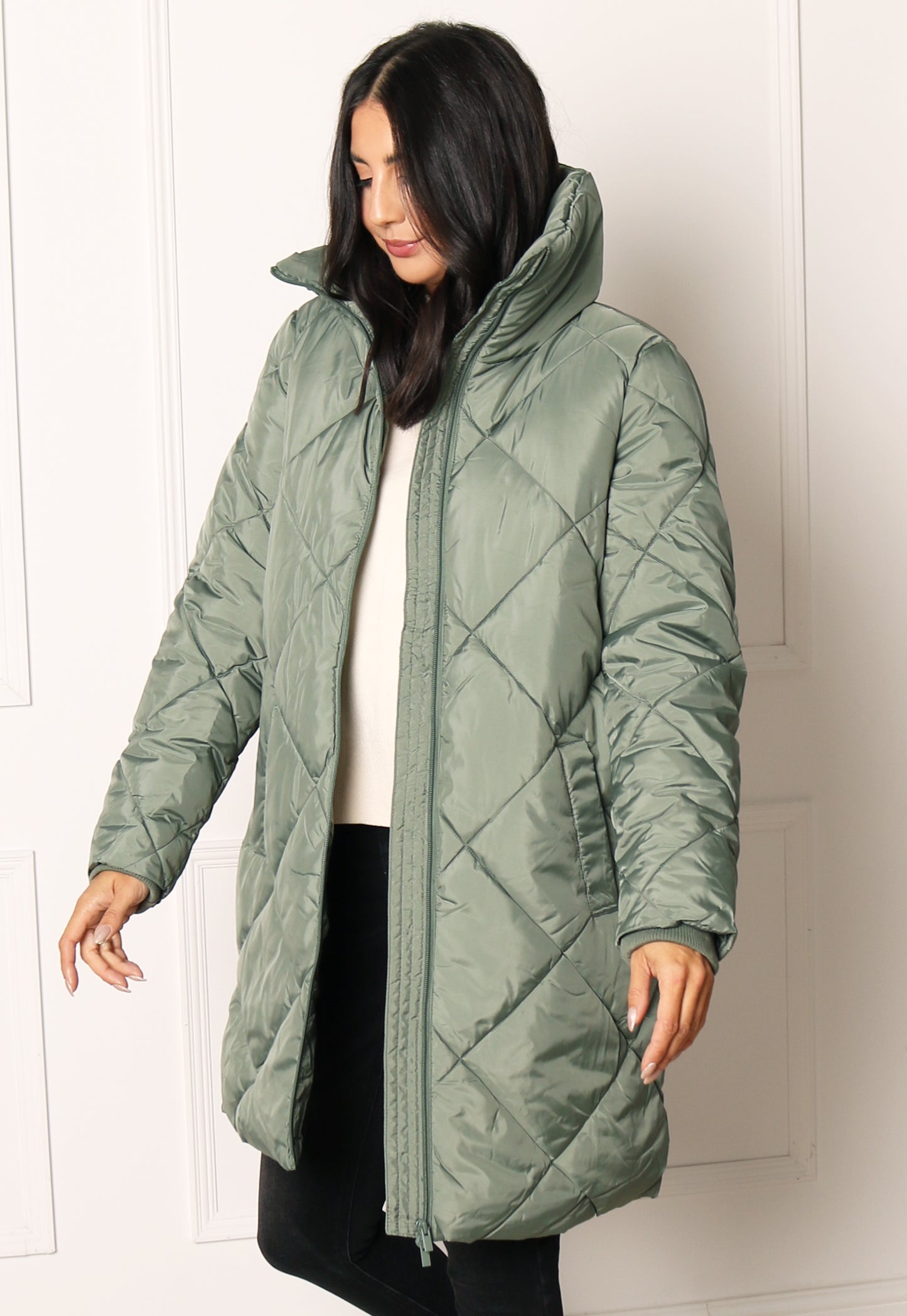 VILA Adaya Diamond Quilted Longline Puffer Coat with Funnel Neck in Soft Green - concretebartops