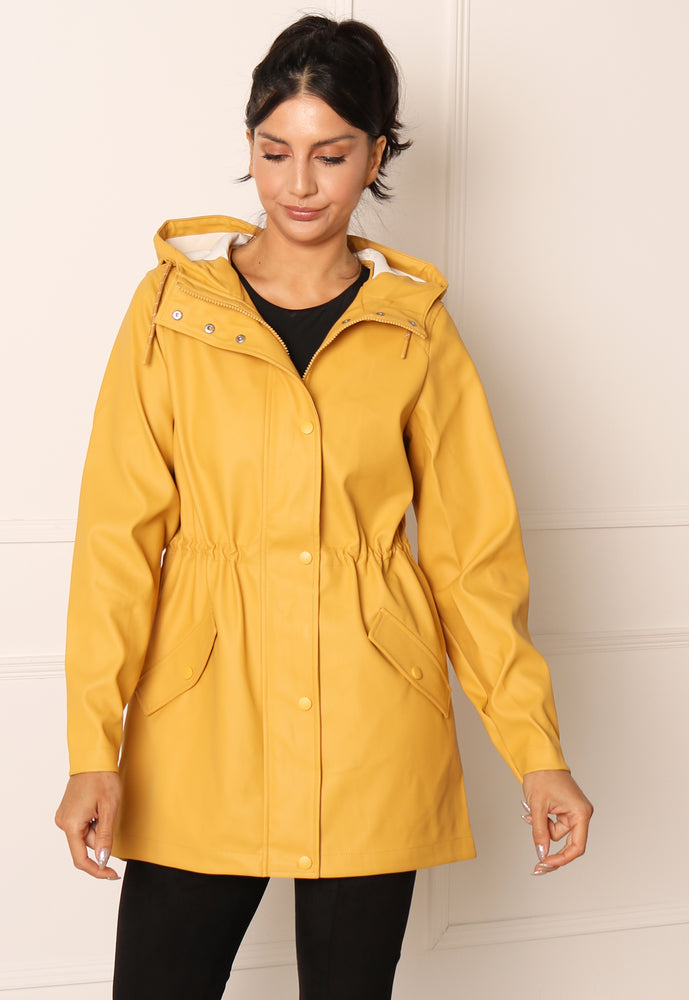 VERO MODA Lou Rubberised Matte Hooded Raincoat Mac in Mustard Yellow - concretebartops