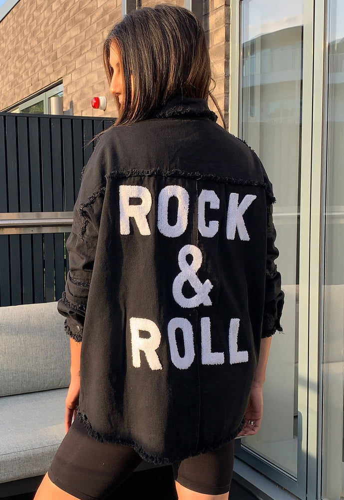 Rock & Roll Slogan Oversized Shirt Jacket in Black - concretebartops