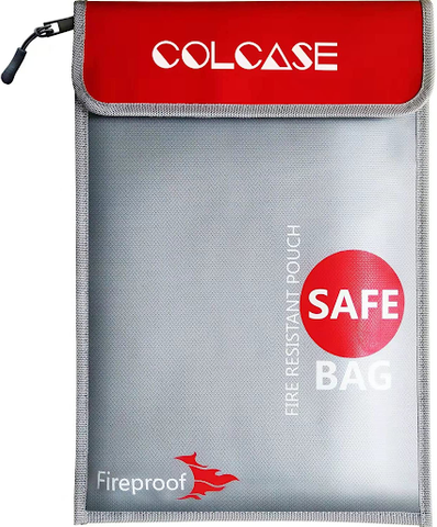 A silver/white Colcase Fireproof Document Bag with a red flap